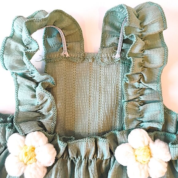 Sage Green Dog Dress with Ruffled Spaghetti Straps and Crochet Daisies, Size M - Picture 2 of 5